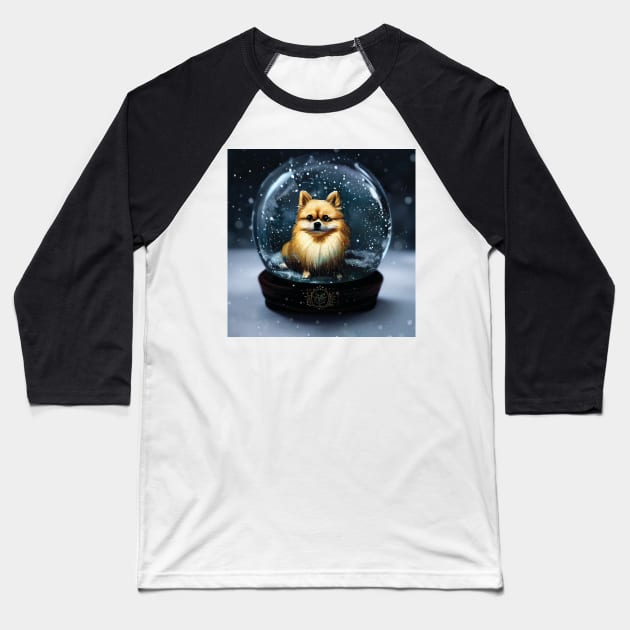 Pomeranian Dog in a Snow Globe Baseball T-Shirt by Geminiartstudio